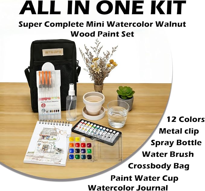 Mini Watercolor Paint Set, Portable Travel Art Kit with 12-Color Paint, 6 Brushes, 2 Sketchbooks & Crossbody Bag - Ideal for Artists & Beginners (transparent acrylic)