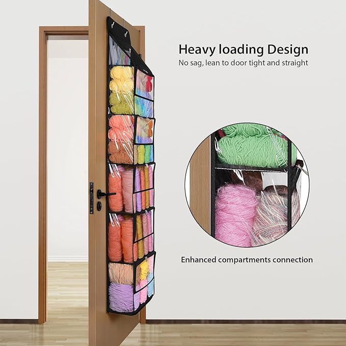 KEEGH Hanging Yarn Storage Organizer with 6 Zipper Closure Compartments, Large Capacity Crochet Storage Organizer, Over the Door Yarn Holder for Knitting Needles, Crochet Hooks, Clear Black