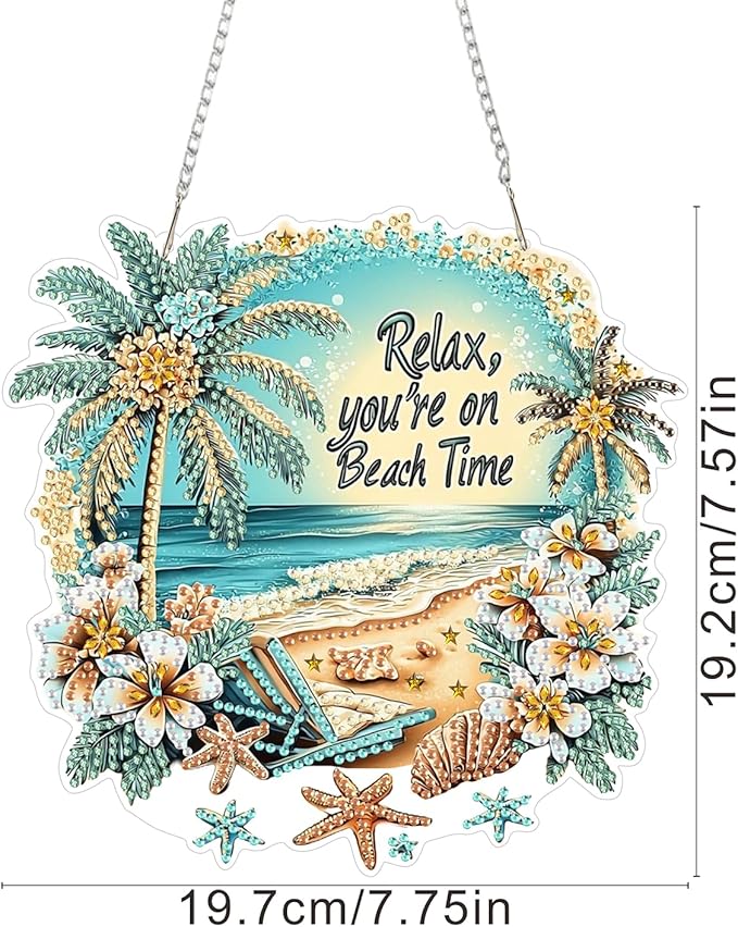 AIBOERL Diamond Art Hanging Kit for Adult,Special Shaped Rhinestone,Double Sided 5D DIY Acrylic Diamond Art Painting Window Pendants Home Garden Wall Hanging Kits Hanging Ornament (Beach)