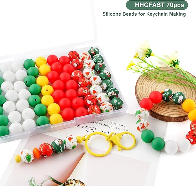 70Pcs Print Silicone Beads for Keychain Making,Round 15mm Silicone Beads for Pens, Necklace and Bracelets Making（Christmas Print）