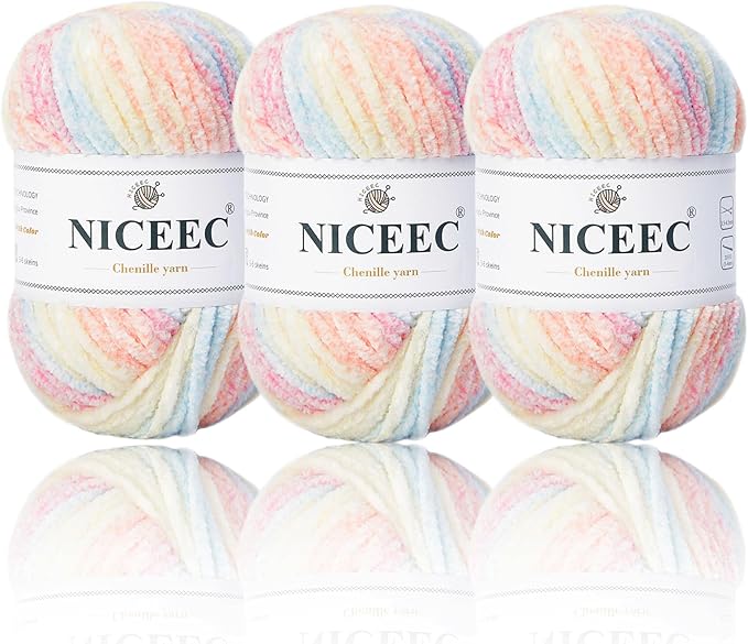 NICEEC 3 Skeins Soft Chenille Yarn Blanket Yarn for Knitting Fancy Yarn for Crochet Weaving DIY Craft Total Length 3×85m (3×93yds, 3×50g)_Candy