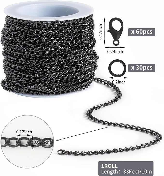 Lemonkey 33 Feet Metal Black Necklace Chains Curb Links Chains Bulk for Jewelry Making DIY Craft Kit with Lobster Clasps Jump Rings
