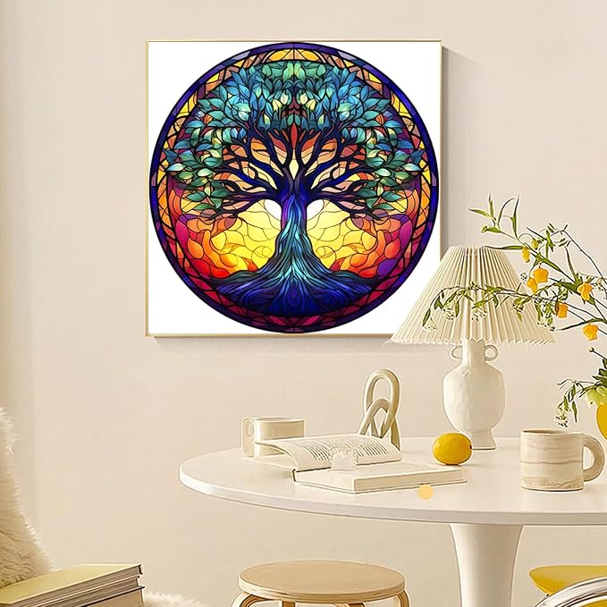 Fountor Tree of Life Diamond Art Kits for Adults - Stained Glass Diamond Painting Kits for Adults Beginners, DIY 5D Tree of Life Round Diamond Gem Art Kits for Gift Home Wall Decor 12x12inch