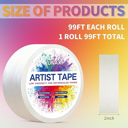 1 Pack Art Tape, Artist Tape for Watercolor Paper Low Tack White Painters Tape for Drafting Art Painting Canvas Framing Acid Free Masking Tape-2IN Wide 99FT Long Total