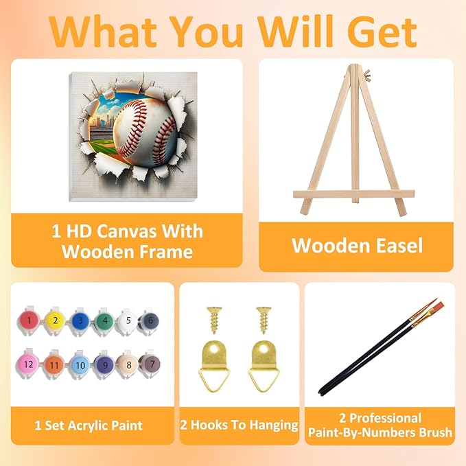 Paint by Numbers Kit for Kids with Frame, Baseball Paint by Numbers for Kids Ages 4-8-12, DIY Baseball Acrylic Oil Painting for Home Wall Art Decor Gift 7.8x7.8 inch (with Frame Easel)