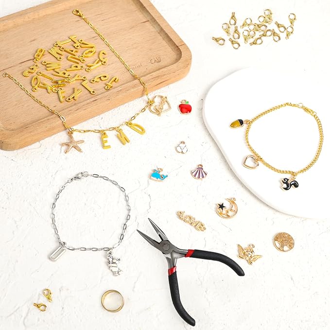 LuneClat Gold Sliver Chain Charm Bracelet Making Kit - Including 6 Chains with 142Pcs Pendants, Bulk Set with 400Pcs Jump Rings 50Pcs Lobster Clasps Pliers for DIY Crafts Lovers