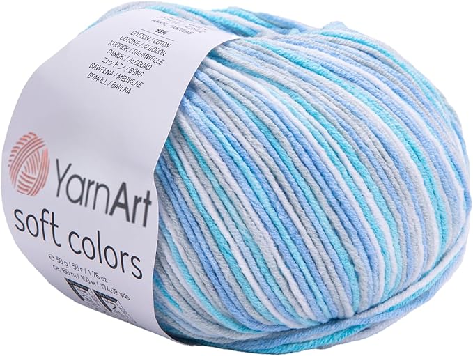 YarnArt Soft Colors - Variegated Sport Yarn 55% Cotton 45% Acrylic - 1 Skein/Ball 50g 174 Yds - Soft Knitting Cotton for Amigurumi