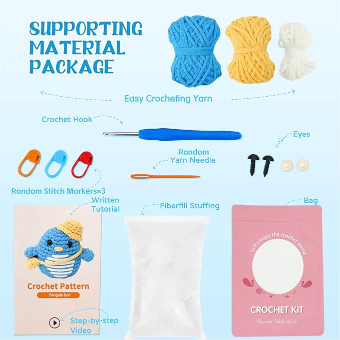 Wadukud Penguins Crochet Kit for Beginners, DIY Crochet Kit for Adults, Crochet Starter Kit with Step-by-Step Video Tutorials for Holiday Gift Easter Basket Stuffers Craft Gifts for Teen Girls Kids