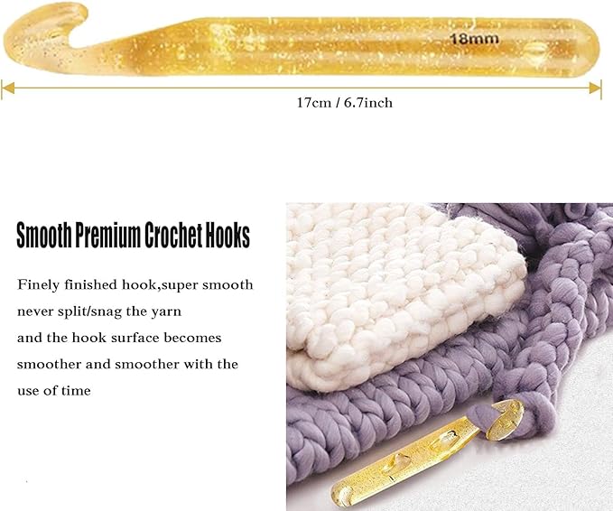 Big Huge Crochet Hook Set Size 12mm(O)/15mm(P/Q)/18mm 3Pcs Large Crochet Hooks Needles for Giant Easy Chunky Yarn Carpet Scarf Bulky Wool Roving Weaving (Gold-12/15/18mm)