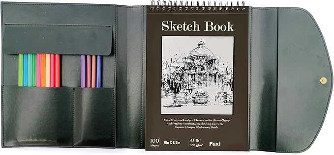 Sketchbook cover with pencil holder, Artist sketchbook leather cover artis Gifts, Drawing book and pencil case, Art book for drawing (for 5.5" x 8.5" Sketchbook)