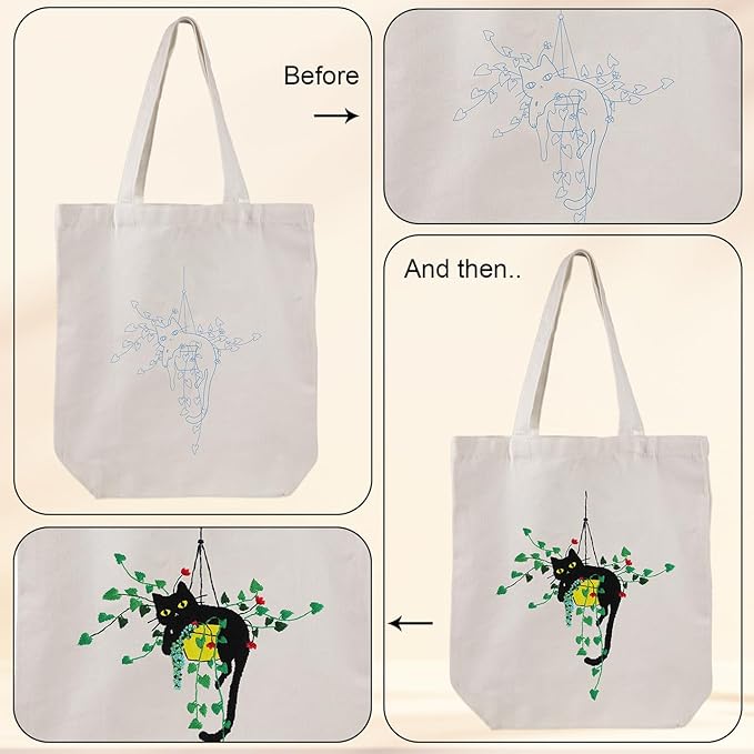 Louise Maelys Canvas Tote Bag Embroidery Kit for Beginners,Cross Stitch Kits for Adults,Arts and DIY Crafts Needlepoint with Plant Cat Pattern,Women Shopping Reusable Grocery Bags
