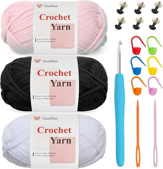 Beginners Yarn for Crocheting, Easy Crochet Yarn for Beginners, 3 Pack × 1.8 oz Amigurumi Yarns, Bunny Crochet Kit, Thick and Soft, Easy-to-See Stitches, Worsted Medium # 4, Cotton-Nylon Blend