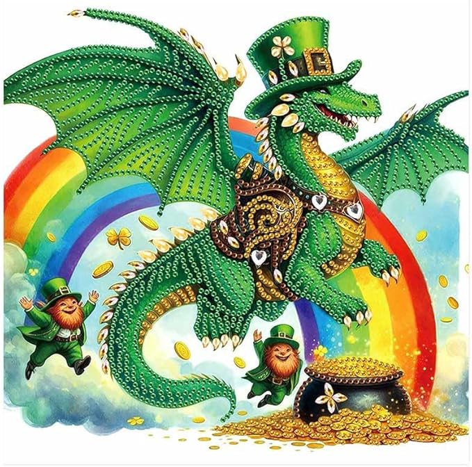 MVVMTOP Diamond Painting Kit St Patrick’s Day Dragon and Rainbow Shamrock Lucky Coins Special Shaped 5D Partial Crystal Diamond Art DIY Wall Decor Gift
