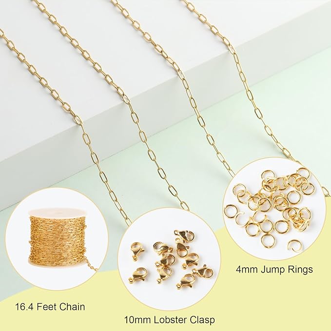 SMYHTGLIF 5 Meters Stainless Steel Paper Clip Chain for Jewelry Making Gold Cable DIY Craft Jewelry Making Chains Bulk with Lobster Clasps and Open Jump Rings
