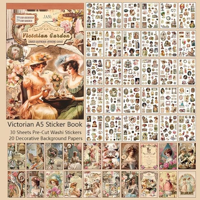 50 Sheets Victorian Journaling Stickers and Collage Paper, Ephemera Book for Junk Journals Supplies, Scrapbooking, 30 Sheets Pre-Cut Washi Stickers, 20 Decorative Background Papers