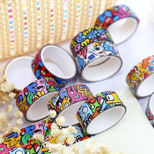 12 Rolls Washi Tape Set,6 Design Colorful Graffiti Decorative Tape Street Art Doodle Masking Tape for Journaling Supplies, Junk Journal, Scrapbooking, DIY Arts & Crafts, Planner, Gift Wrapping