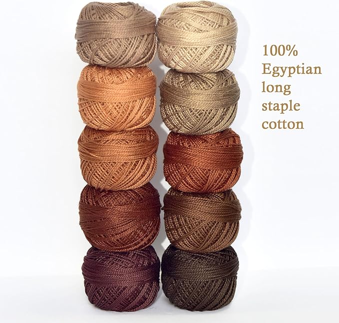 Double Mercerized Egyptian Long Staple Cotton Pearl Thread Ball 10 Grams Rainbow Color Embroidery Thread 10 Colors per Box for Crochet Hardanger Cross Stitch Hand Embroidery,caffee Series