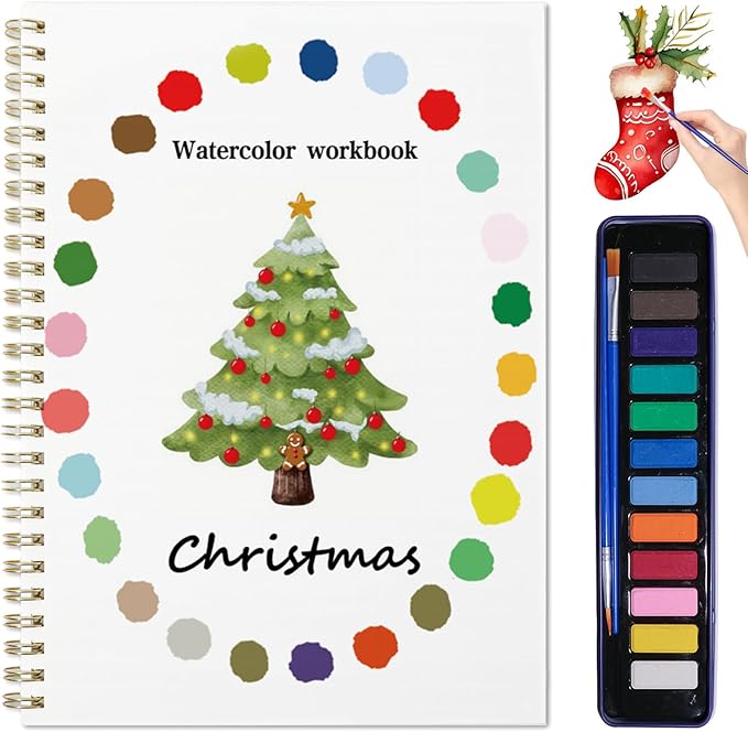 Beginner Watercolor Painting Kit Watercolor Workbook Coloring Book 12 Colors Paint Set with Brush, Easily Master Beginner Friendly Watercolor Paint Set Gift for Adults Teens. (Christmas)