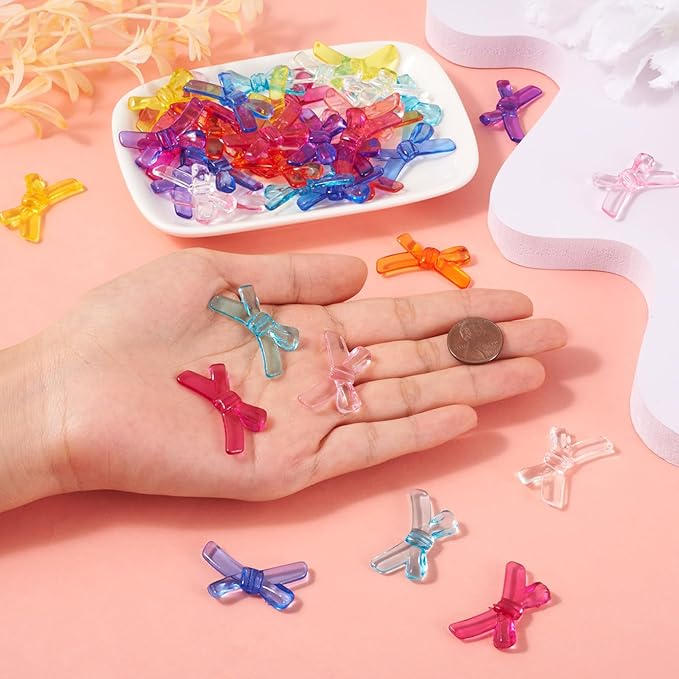 FASHEWELRY 50pcs Mini Clear Acrylic Bowknot Beads Transparent Colorful Bowknot Spacer Charm Pendants for Bracelet Necklace Earring Jewelry Making