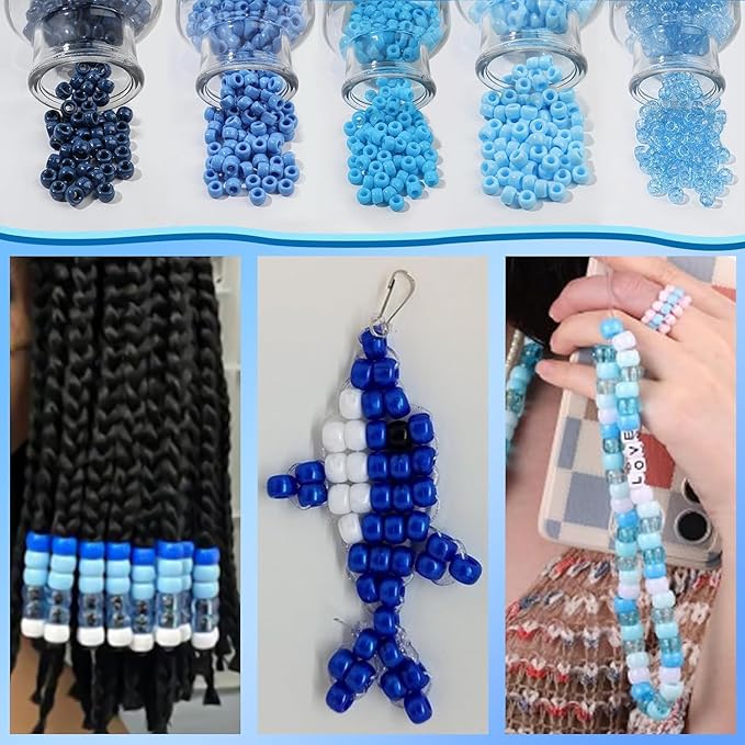 1200Pcs 6x9mm Pony Beads for Bracelets Making Kit, 5 Style Blue Colors Kandi Beads Bulk for Friendship Bracelet Kit, Hair Bead for Braids with Stretch Cord and Scissors