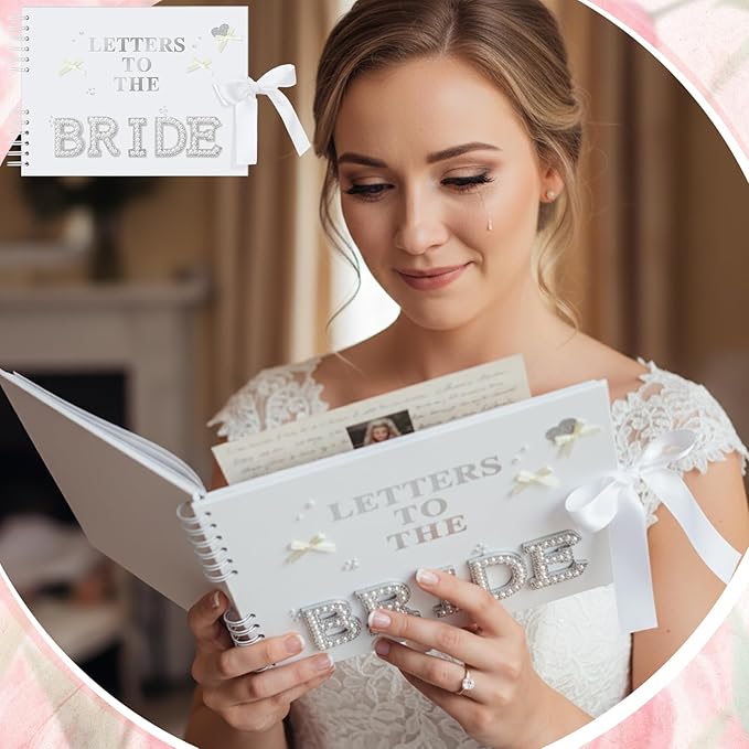 Fuyoooo 11.5 x 8.5 Inch Letters to The Bride Scrapbook Wedding Memory Book Bridal DIY Blank Paper Scrapbook Photo Album Guest Book Sign with Pearl Stickers, Metallic Letters, Bows (White)