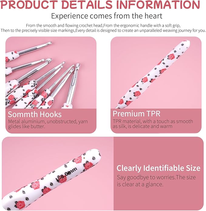 Weabetfu Crochet Hook Set 14Pcs Hand-Rubber Crochet Needles 2.25mm(B)-10mm(N) Streamline Crochet Hooks for Arthritic Hands Rose Metal Knitting Needles with Storage Case
