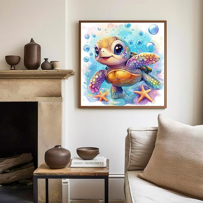 Paint by Numbers Kit for Kids with Frame, Sea Turtle Paint by Numbers for Kids Ages 4-8-12, DIY Turtle Acrylic Oil Painting for Home Wall Art Decor Gift 7.8x7.8 inch (with Frame Easel)