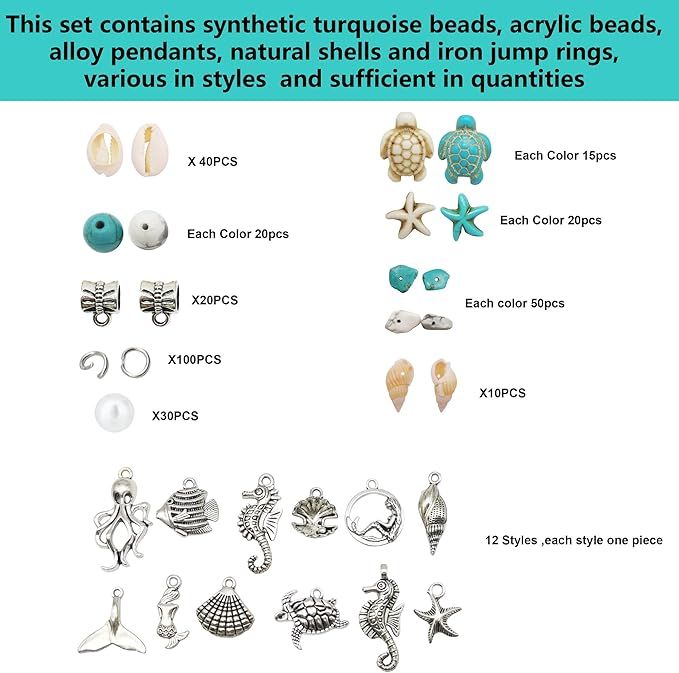 Julie Wang 422PCS Antique Silver Alloy Pendants Seashells Man-made Turquoise Beads Starfish Turtle Ocean Charms for Jewelry Making Summer Beach Necklace Earring Bracelet Craft DIY Accessory