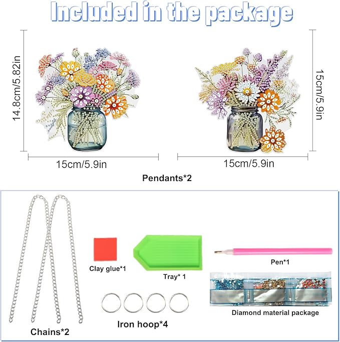 2 Pcs 5D DIY Diamond Painting Hanging Ornaments, Floral Bouquet Jar Design, Special Shaped Acrylic Diamond Art Suncatchers for Window or Wall Decor