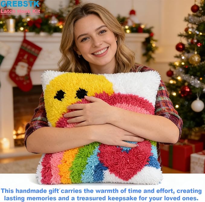 GREBSTK Latch Hook Kit DIY Throw Pillow Cover Sofa Cushion Cover Sun & Rainbow Pattern Paint Cross Stitch 16X16 inch