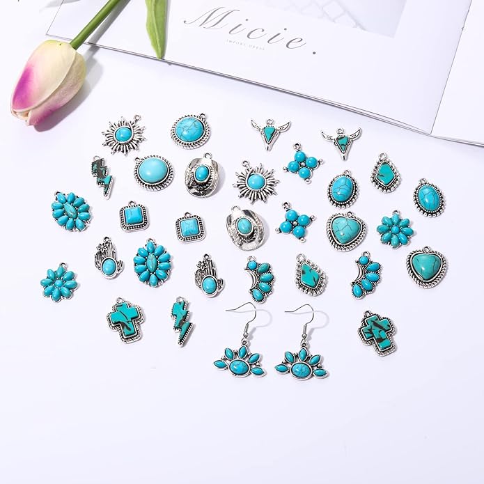 NVENF 32PCS Western Charms for Jewelry Making, Synthetic Turquoise Vintage Cactus Heart Flower Lightning Cowboy Boot Pendant for Bracelet Necklace Earring DIY Crafts