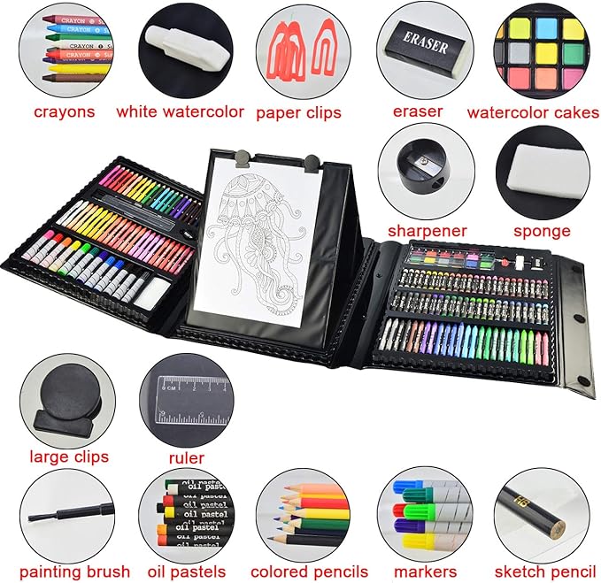 Sunnyglade 185 Pieces Double Sided Trifold Easel Art Set, Drawing Art Box with Oil Pastels, Crayons, Colored Pencils, Markers, Paint Brush, Watercolor Cakes, Sketch Pad