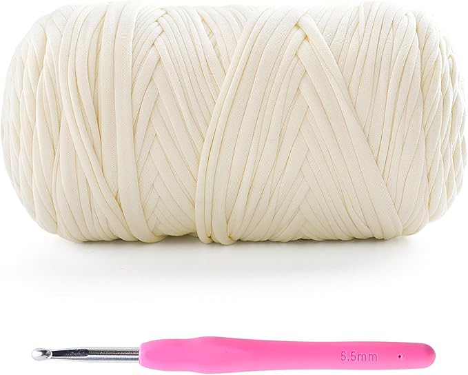Tshirt Yarn for Crochet - 400 g/130 yds T Shirt Yarn for Crocheting Bags/Baskets/Home Decor - Soft Elastic Fabric T-Shirt Yarn with 1 Crochet Hook (1, Milk White)