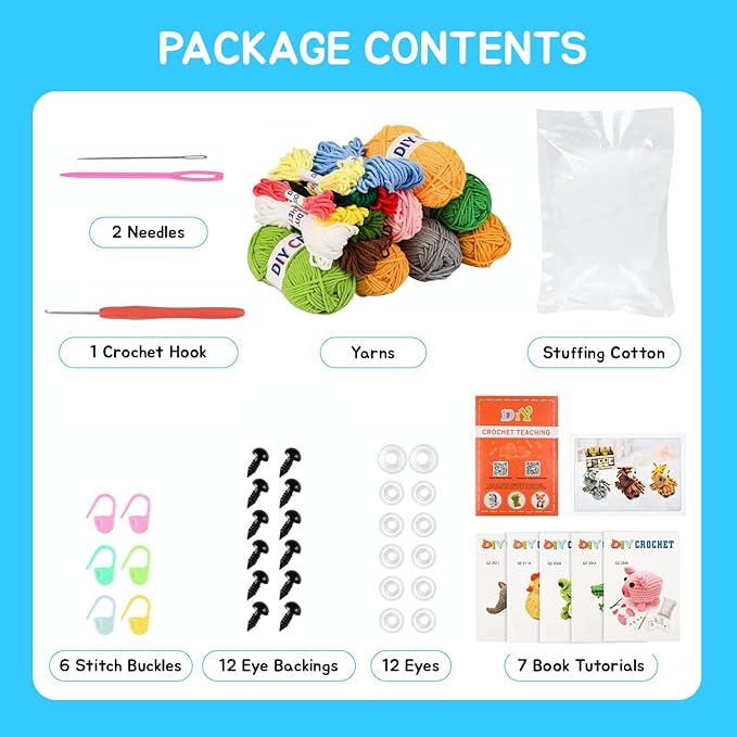 7shaaarks crochet kit for beginners | set of 6 animal crochet kits with yarn & video tutorials, includes frog, crocodile, rooster, elephant, yak & piglet, easy diy gift for teens & kids, christmas