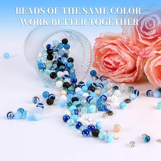 Tunmiok Glass Beads for Jewelry Making Kit with Metal Charms & Crystal String - Includes Spacers, Flower Holders - Bracelet kit, Necklace, Earring Set Supplies for Adults (Blue)