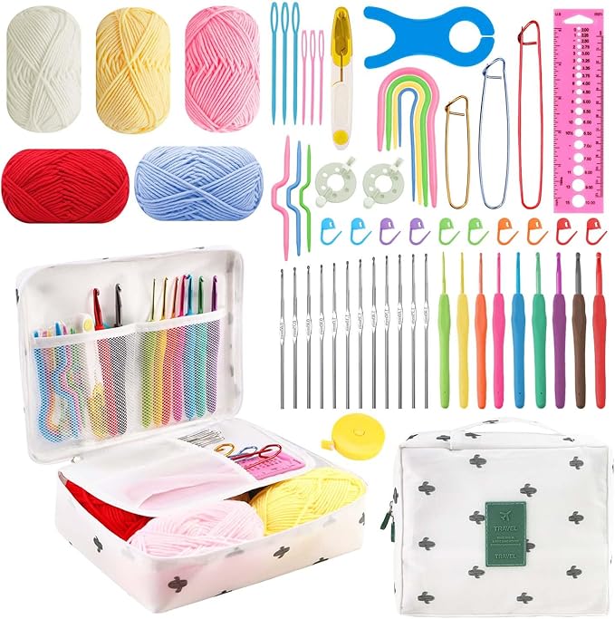 HATINXIA 58pcs Crochet Kit Beginners, Crochet Hook Set with Yarn, Portable Crocheting Kit for Starter, Ergonomic Crochet Needles Tools DIY Knitting Accessories for Experienced Crochet Lovers, Cactus