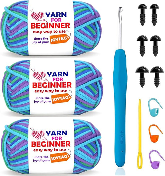 3 Pack Rainbow Beginner Crochet Yarn for Crocheting and Knitting Multicolor Cotton Crochet Yarn for Beginners(Green Blue Purple)