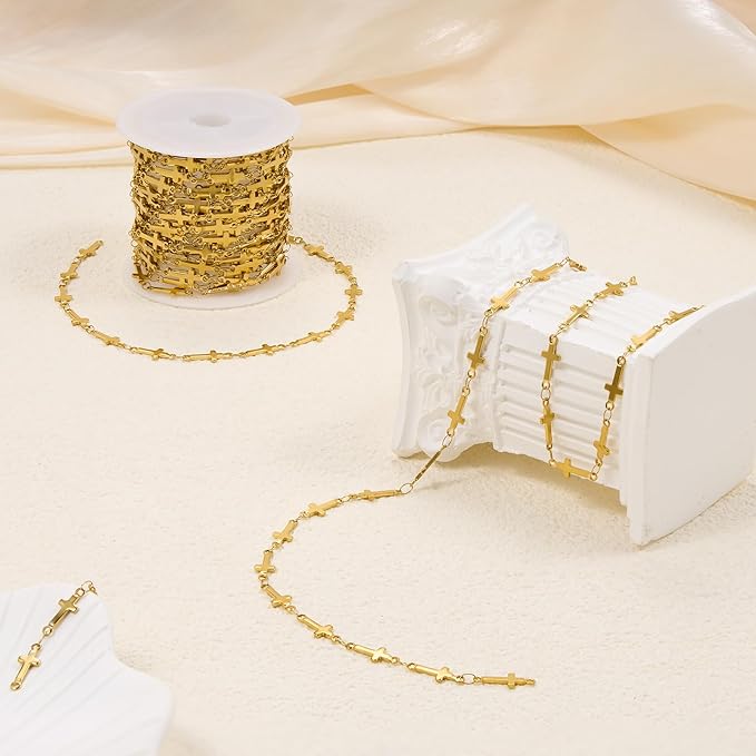 YOUBEIYEE 13 Feet Gold Plated Cross Chain for Jewelry Making Stainless Steel Bar Link Chains Bulk on Spool with Jump Rings Lobster Clasps