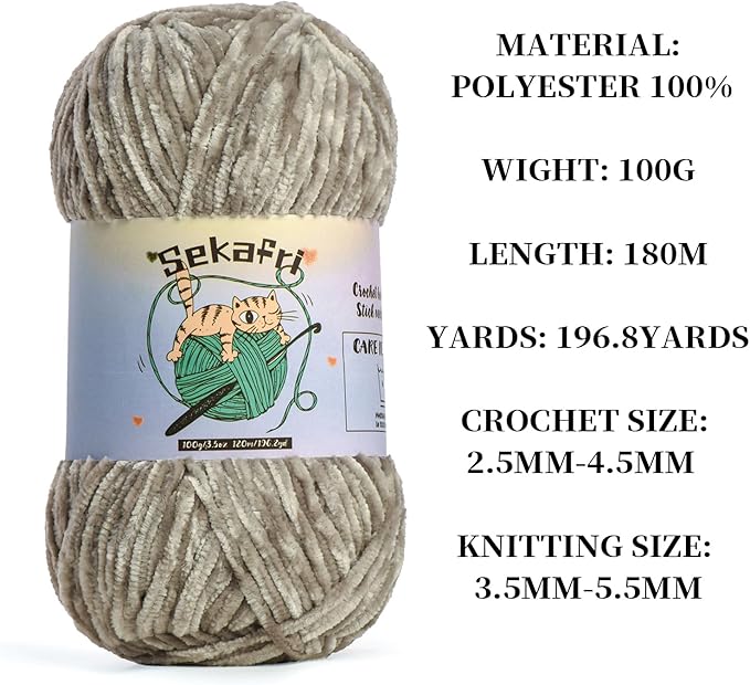 Fuzzy Chenille Yarn for Crocheting, Fluffy Amigurumi Crochet Yarn for DIY Craft/Hat/Shoes, (100 g/197 yds) Soft Velvet Baby Blanket Yarns（Silver Gray）