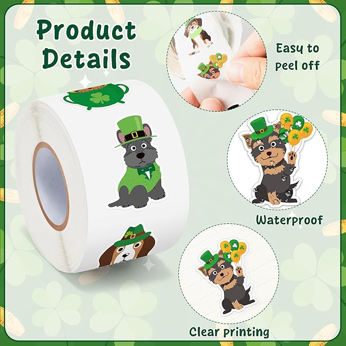 h1vojoxo st. patrick's day sticker rolls - 1000pcs irish shamrock holiday cartoon dog stickers for kid 16 design st. patrick's cute dog sticker for craft st. patrick cartoon dogs stickers for envelope