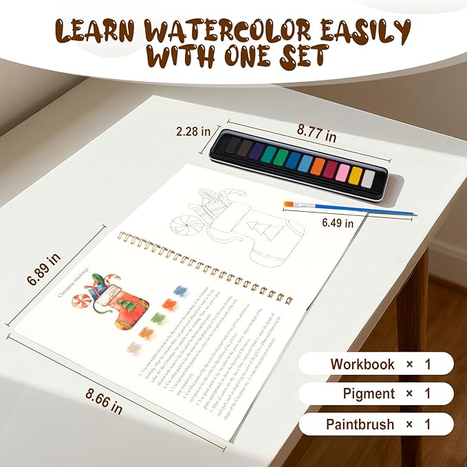 Watercolor Workbook for Adults, Beginner Friendly Watercolor Painting Kit Christmas Water Coloring Book, Nature-Themed Practice Art Gift Water Color Paint Book with Palette and Brush