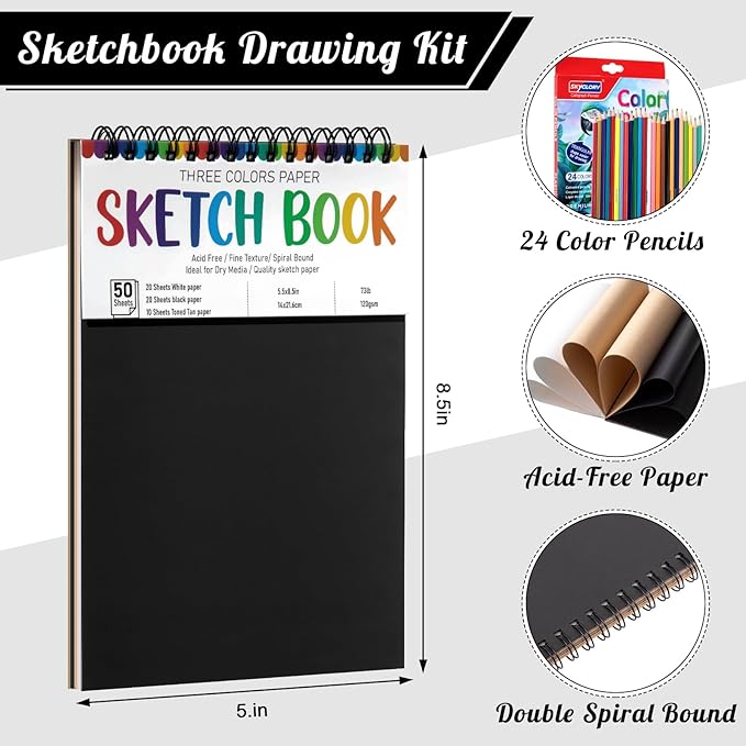 Drawing Sketchbook Kit, A5 Sketch Book with 24 Color Pencils, Three Color Black Sketch Pad, Acid-Free Sketch Pad for Kids, Artist, Art Paper Drawing Supplies for Gifts (5.8×8.3 inch)