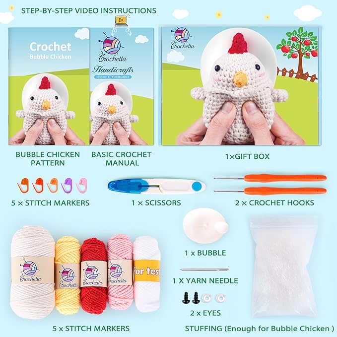 Crochetta Crochet Kit for Beginners, Squeeze Bubble Amigurumi Crocheting Kits w Step-by-Step Video Tutorials, Knitting Starter Supplies for Adults Kids, Anxiety Relief Bubble Chicken (40%+ Yarn)