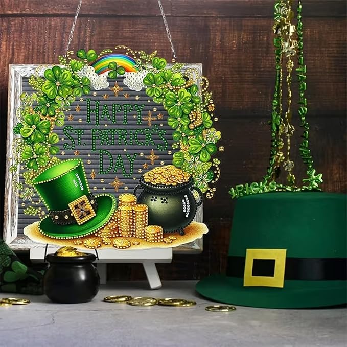 Hanging Diamonds Art kit for Adult,Saint Patrick Wreath Pendant Diamonds Painting Art Kit,7.0x6.8inch Acrylic Diamonds Painting Board Kit Ornament, Special Crystal Diamond Hanging Ornament