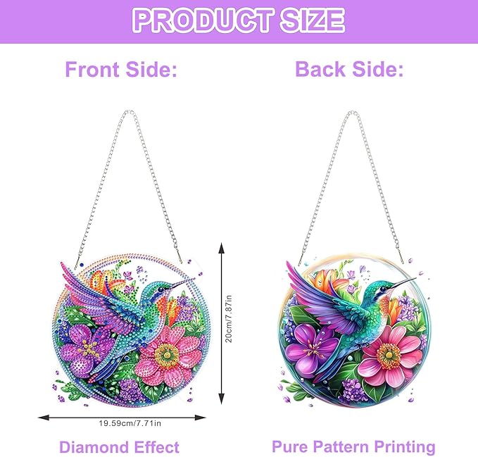 QENSPE Diamond Art Hanging Kits for Adults, 5D Hummingbird Special Shape Diamond Paingting Ornaments with Chain, DIY Flowers Crystal Window Pendants for Home Wall Decor Double Sided 8X8 inch