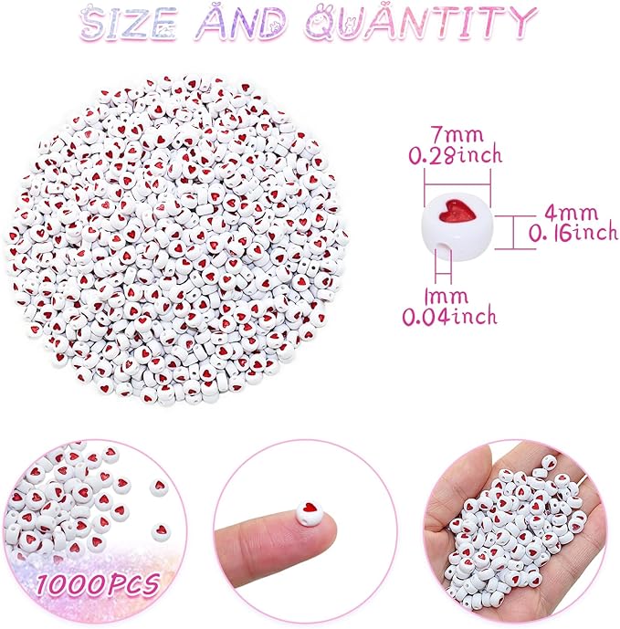 1000pcs Red Heart Beads Flat Round Acrylic Beads Loose Beads 7x4mm for Jewelry Making