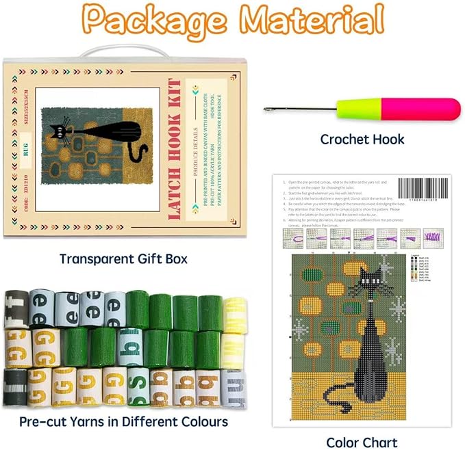 GLAECYY Latch Hook Kits Rug Crochet Yarn Kit Cushion Colour Pre-Printed Canvas Rug Needlework DIY Hook and Latch Kit (Black Cat)