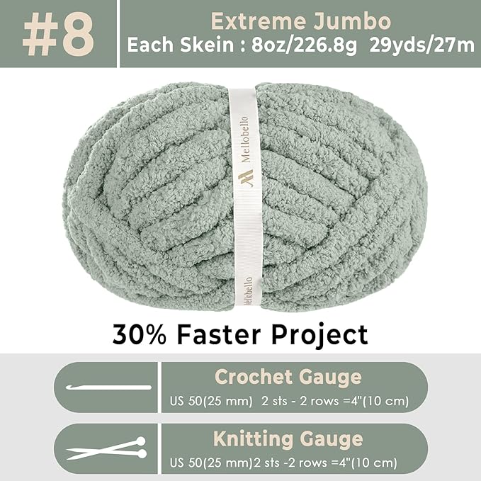 Jumbo Chenille Chunky Yarn for Crocheting - Super Bulky Fluffy Chunky Yarn for Hand Knitting - Extra Thick Soft Blanket Big Yarns 8 Jumbo Pack (27yds,8 oz Each Skein)