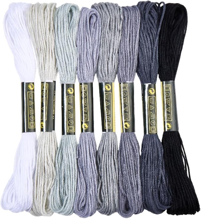 8 Skeins Embroidery Thread Friendship Bracelets String Cross Stitch Threads Cotton Floss Yarn 6 Ply 65yard 1.2mm for DIY Jewelry Making Sewing Needlework Knitting Stitching Craft Supply Gray