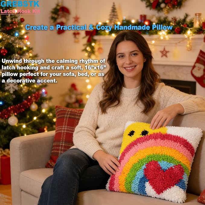 GREBSTK Latch Hook Kit DIY Throw Pillow Cover Sofa Cushion Cover Sun & Rainbow Pattern Paint Cross Stitch 16X16 inch